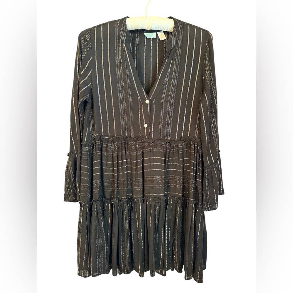 DIA Black Metallic Stripe Tiered Babydoll Dress  Black Shimmer Lurex Boho Mini M